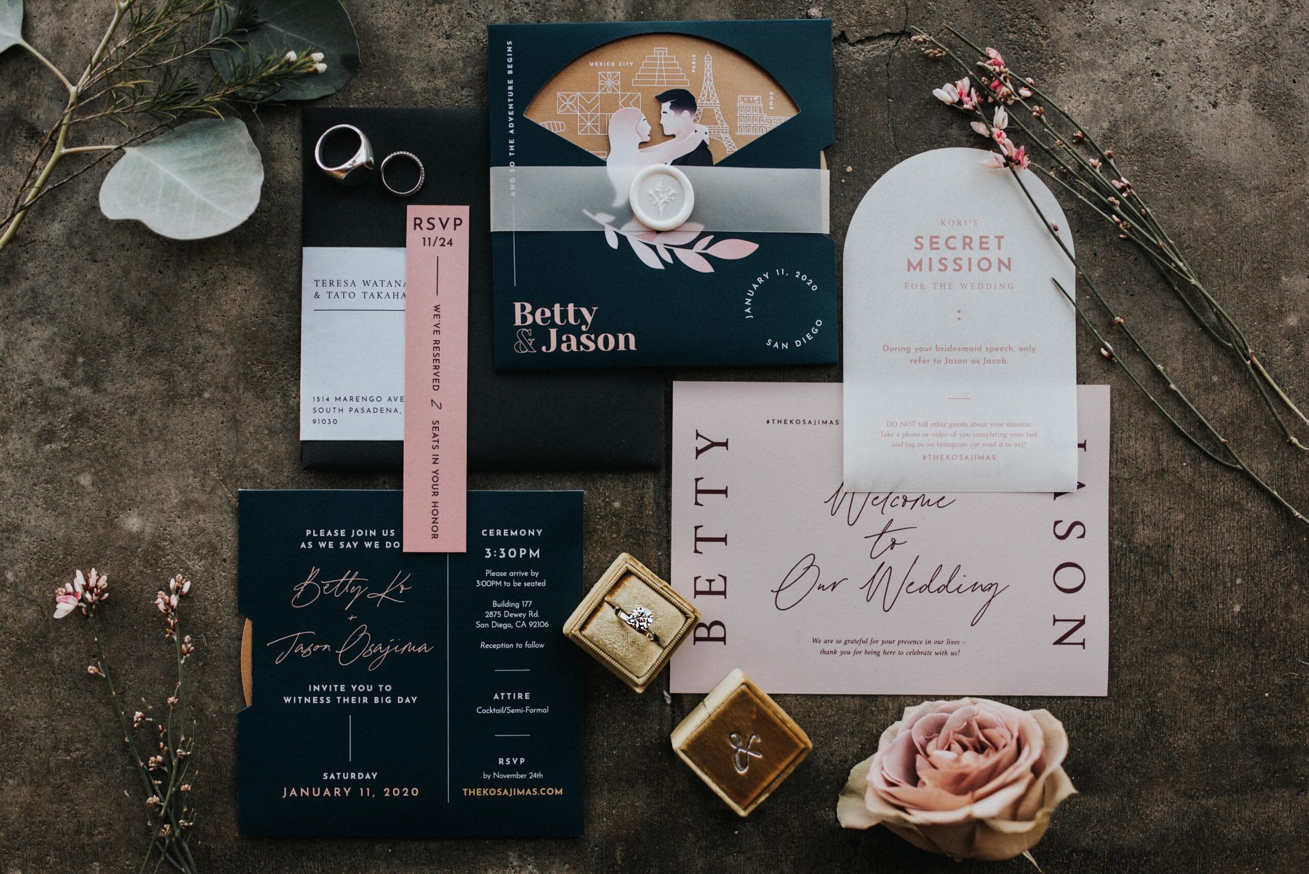 Wedding invitation flatlay