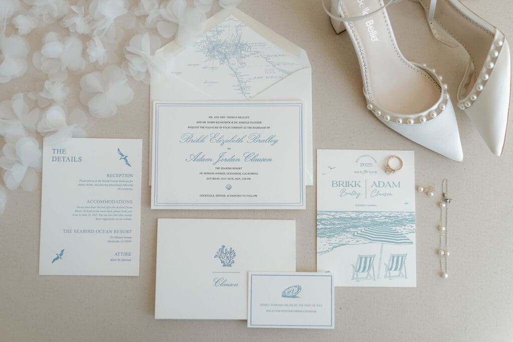 Coastal Blue and Driftwood Neutrals San Diego Wedding color Palettes invitation suite